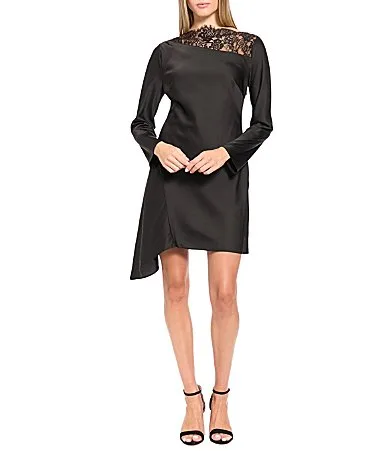 Fitted Asymmetrical Long Sleeve Lace Mini Dress by Donna Morgan