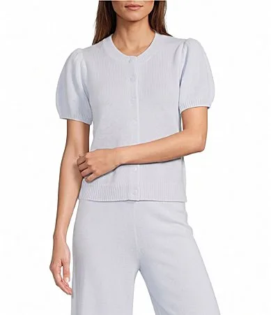 Stella Short Puff Sleeve Crew Neckline Button Front Cashmere Cardigan by Antonio Melani