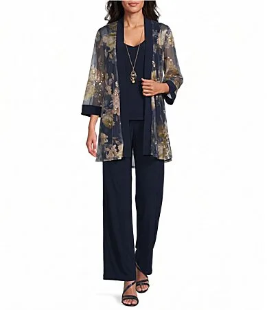 Floral Sequin Metallic Print Mesh Jacket Solid ITY Pant 3-Piece Pantsuit by R&M Richards