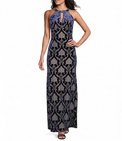 Jacquard Velvet Burnout Halter Keyhole Neck Long Dress