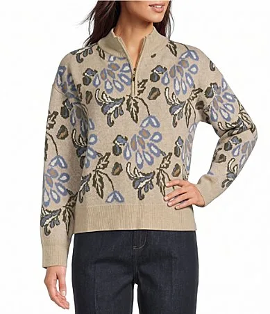 Jacquard Floral Print Mock Neck Long Sleeve Front Partial Zipper Sweater Top by Current Air
