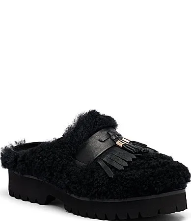 Hollis Sherpa Shearing and Leather Kiltie Tassels Mules by Marc Nolan
