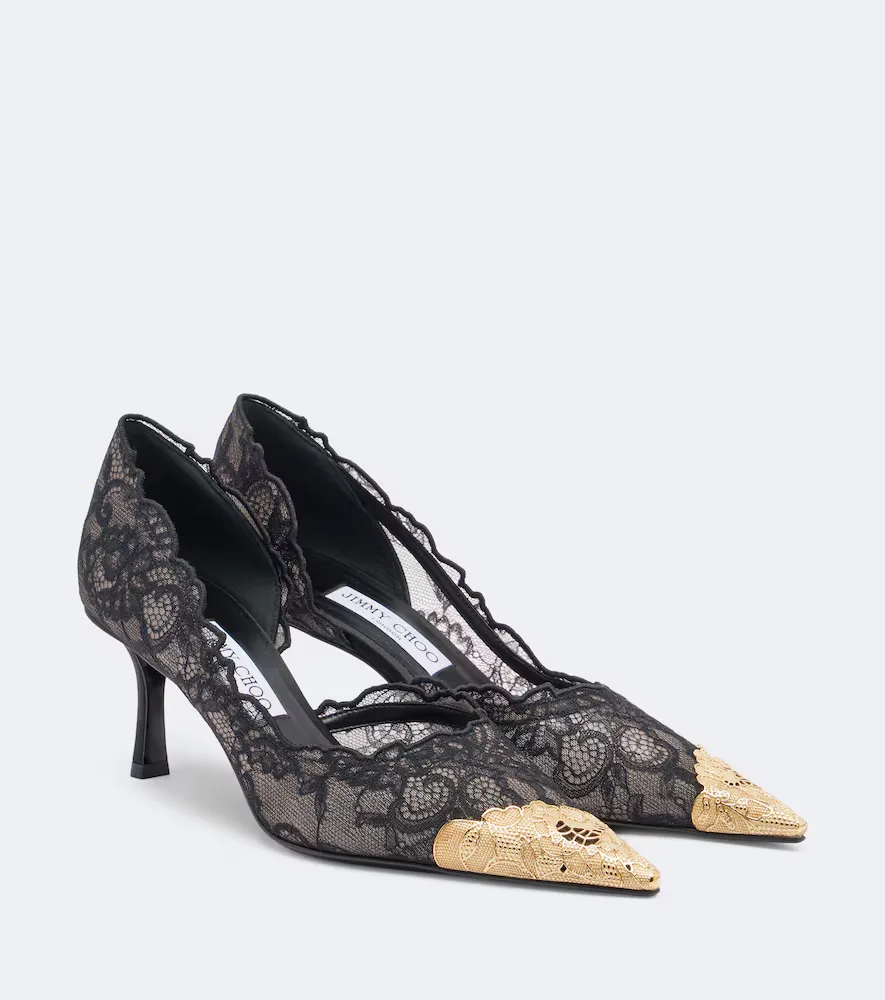 Faiz Leather-Trimmed Lace Pumps by Jimmy Choo