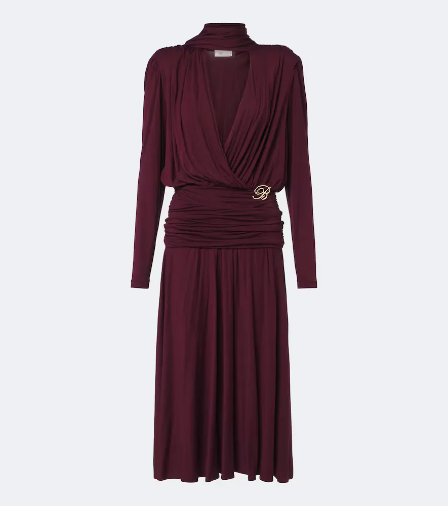 Draped Tie-Neck Jersey Midi Dress by Blumarine