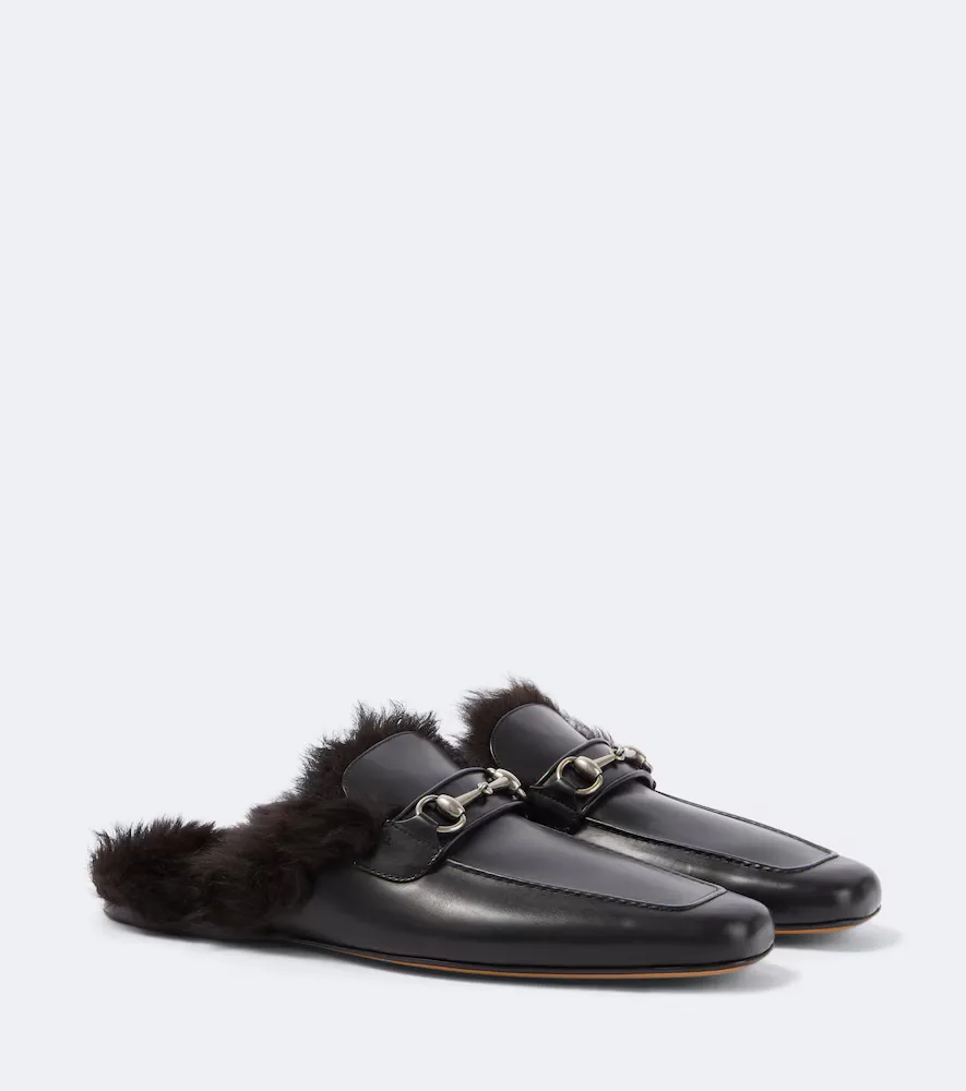 Horsebit Shearling-Lined Leather Mules by Gucci
