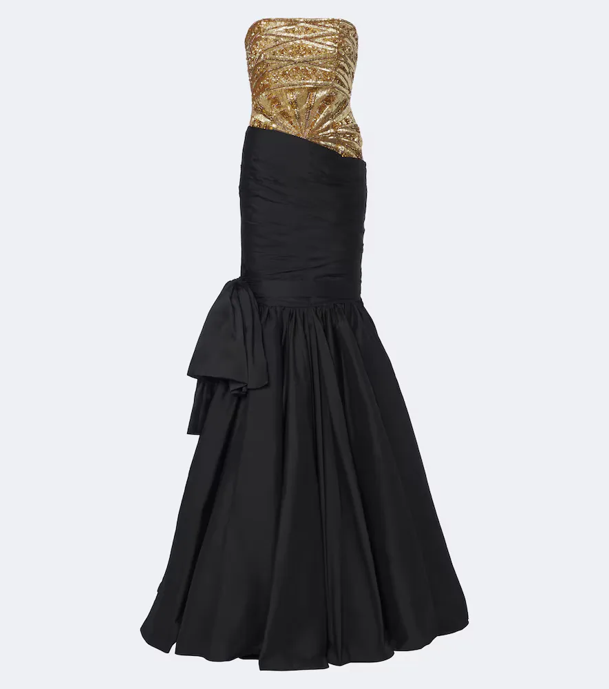 Gilded Geo Draped Sequined Bustier Gown by La Fuori