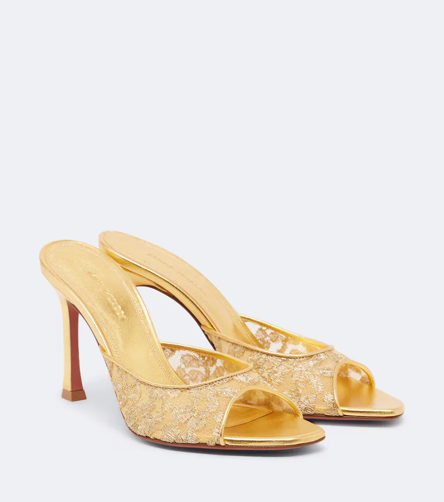 Alexa Lamé Lace Mules by Amina Muaddi