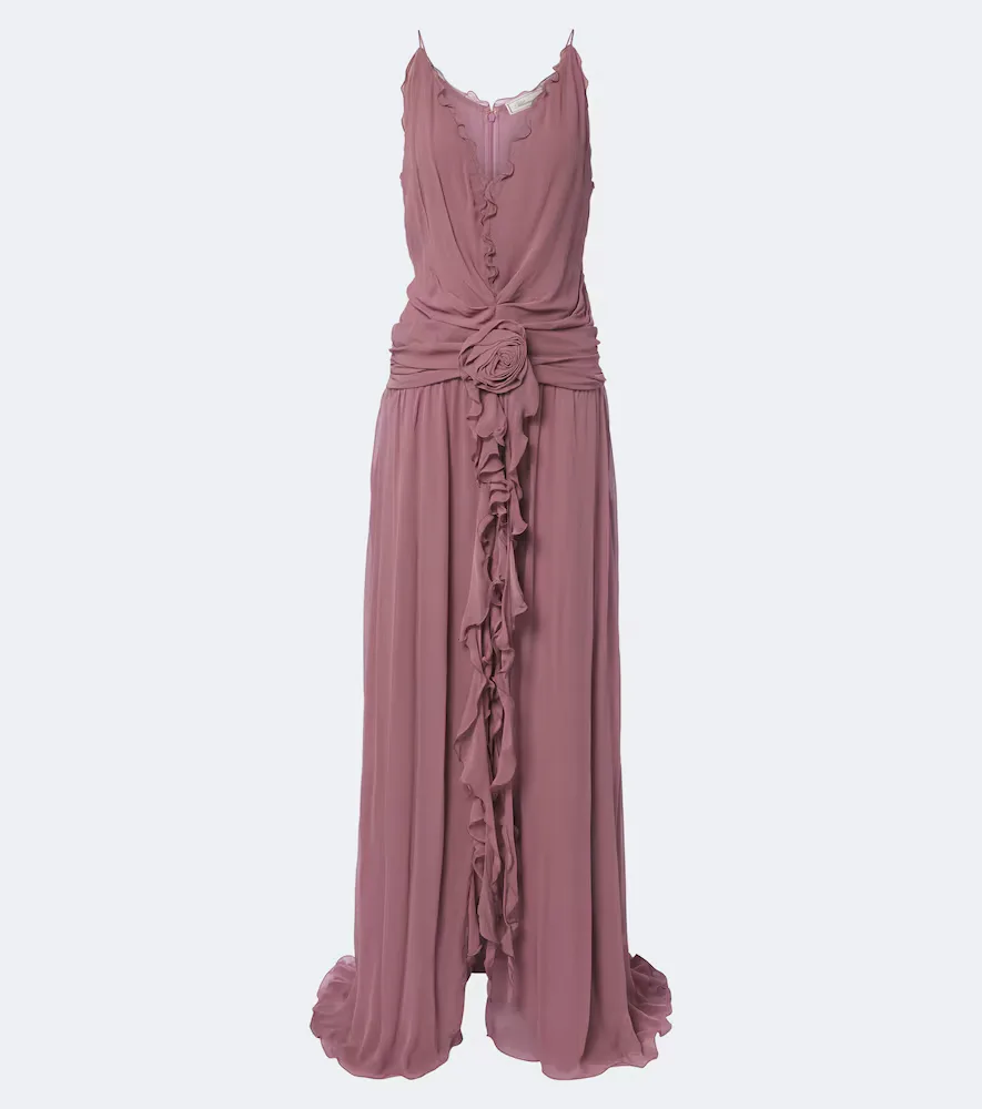 Floral-Appliqué Ruffled Georgette Gown by Blumarine