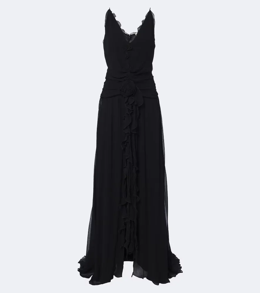 Floral-Appliqué Ruffled Georgette Gown