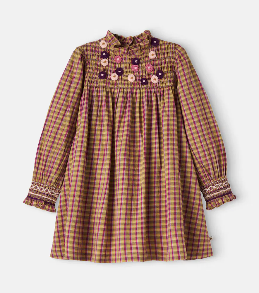 Poire Checked Embroidered Shirred Cotton Dress by Bonton