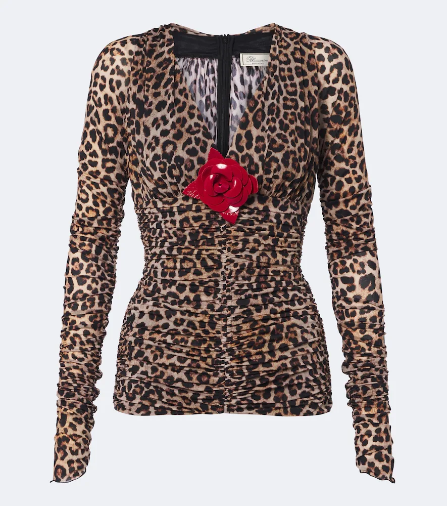 Floral-Appliqué Leopard-Print Jersey Top by Blumarine