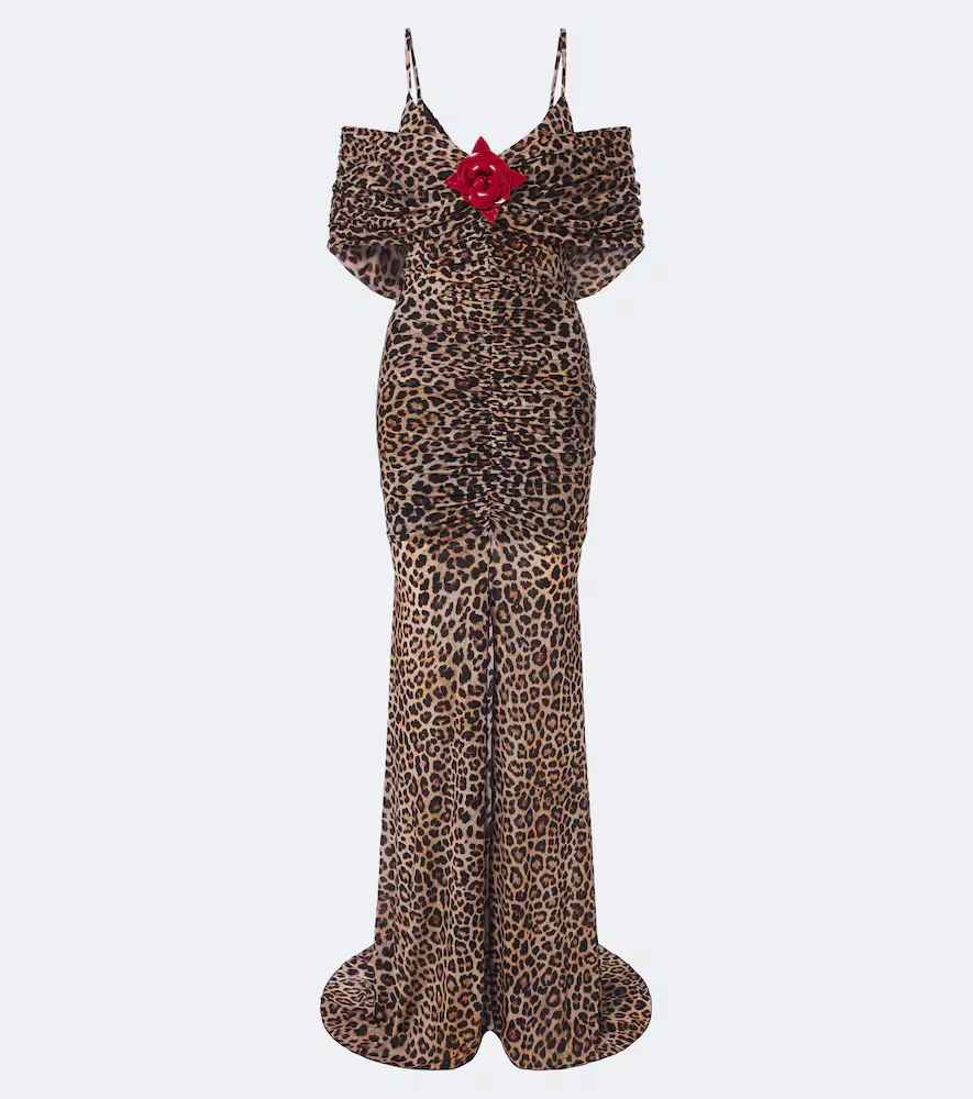 Floral-Appliqué Leopard-Print Jersey Maxi Dress by Blumarine