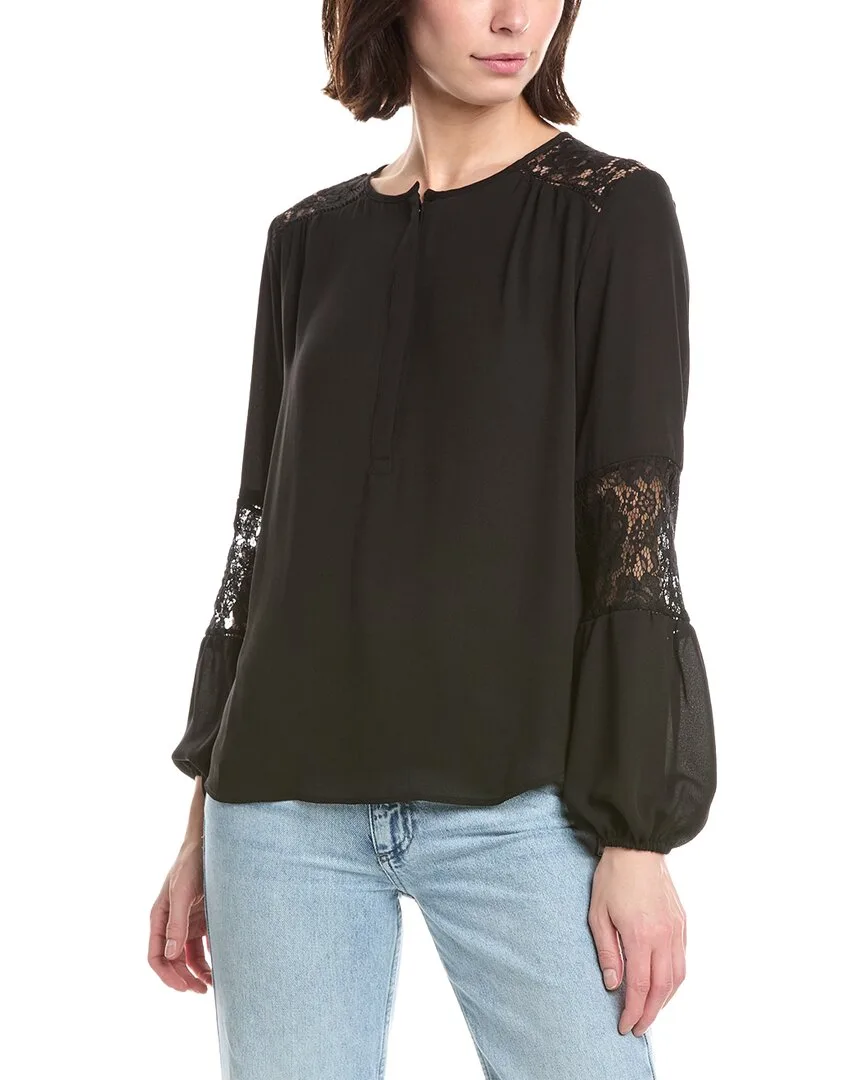 T Tahari Half Placket Lace Trim Blouse by Tahari