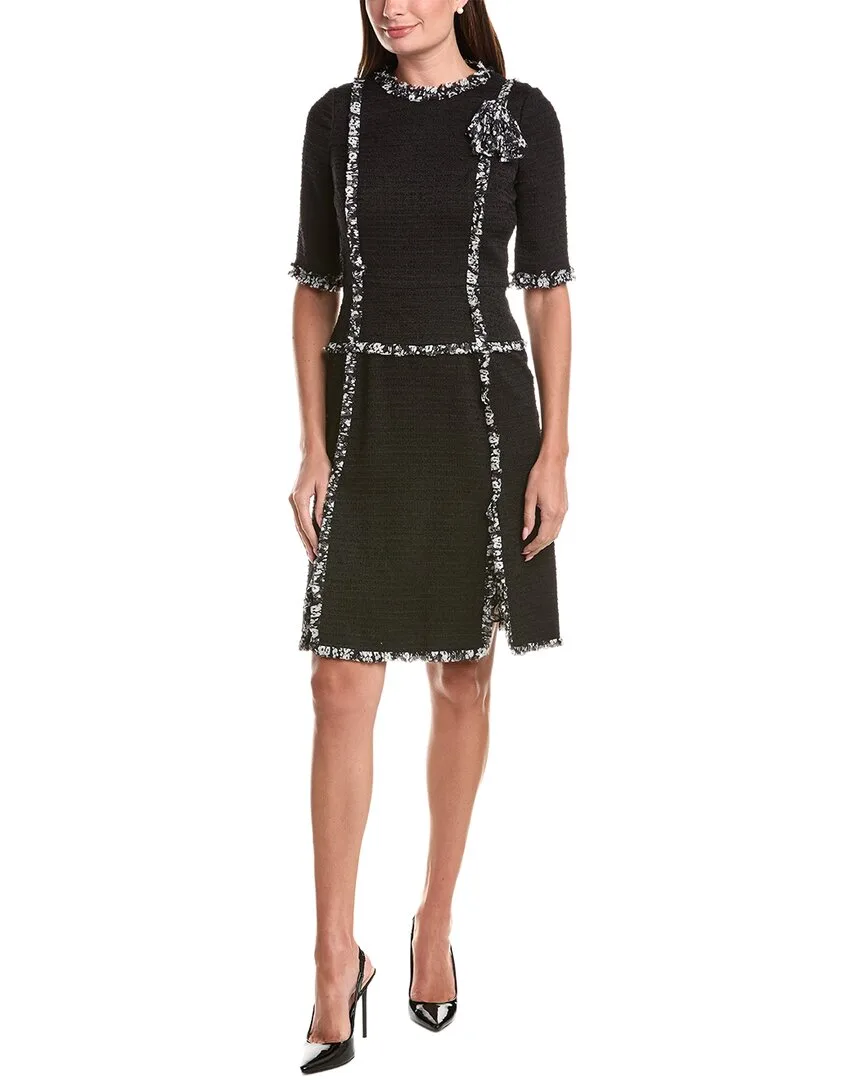 Teri Jon by Rickie Freeman Boucle Silk Chiffon Trim & Corsage Sleeve Dress by Teri Jon