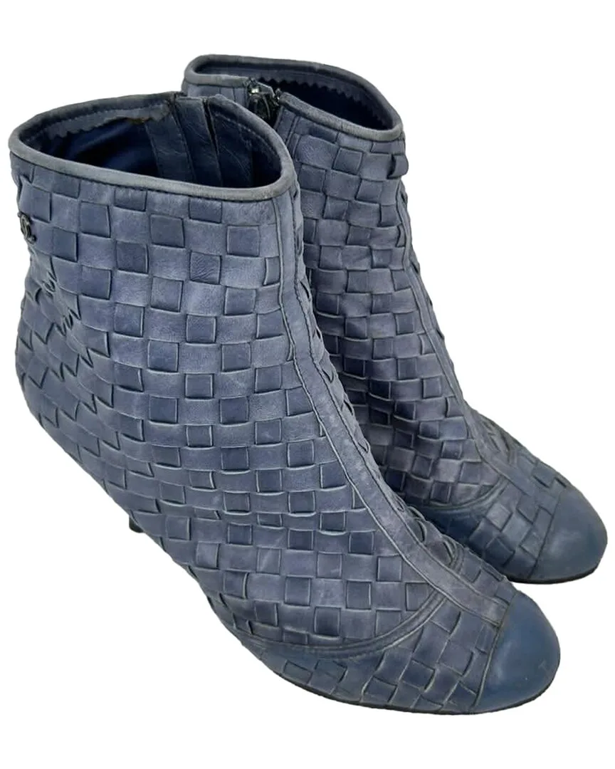 Leather Cc Woven Accent Bootie (authentic Pre-Loved) by CHANEL
