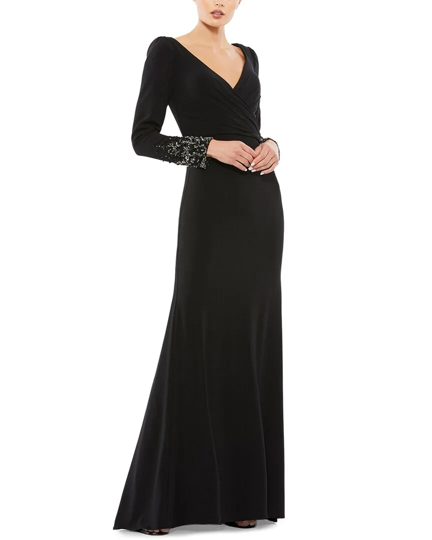 Mac Duggal Beaded Cuff Long Sleeve Wrap Over Trumpet Gown by M.A.C.