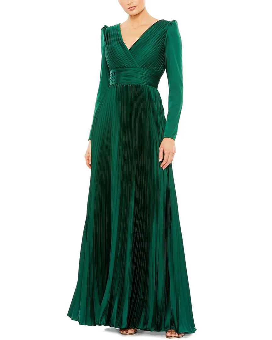 Mac Duggal Pleated Long Sleeve V-Neck Gown