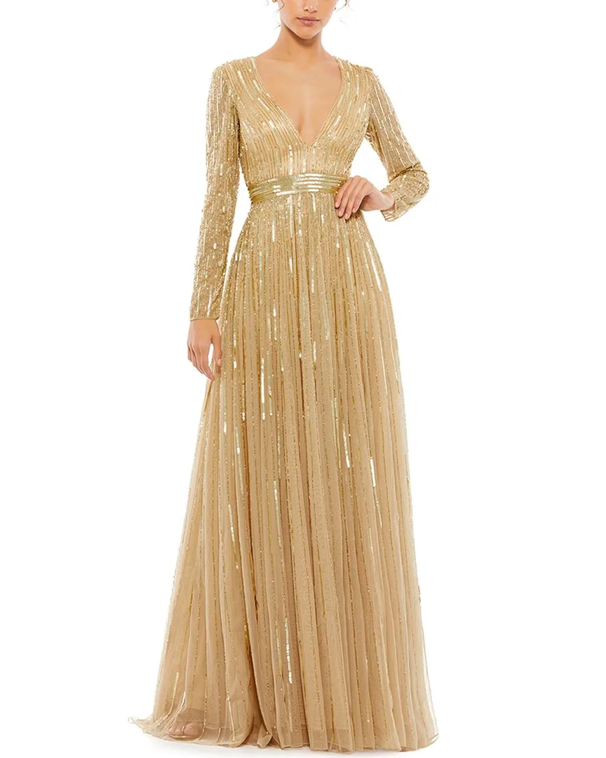 Mac Duggal Sequined Mesh V Neck Long Sleeve A-Line Gown by M.A.C.