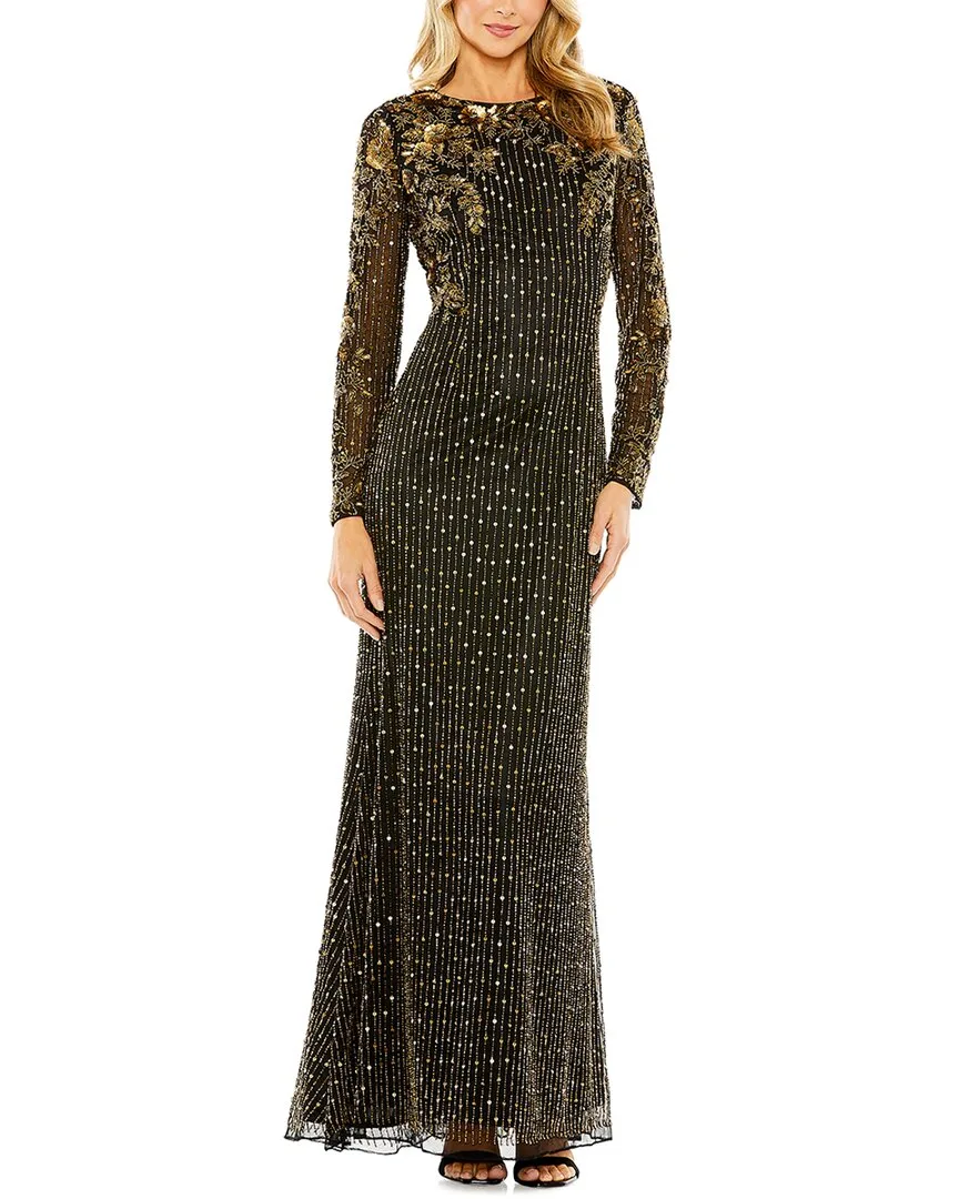 Mac Duggal High Neck Long Sleeve Embellished Mesh Gown by M.A.C.