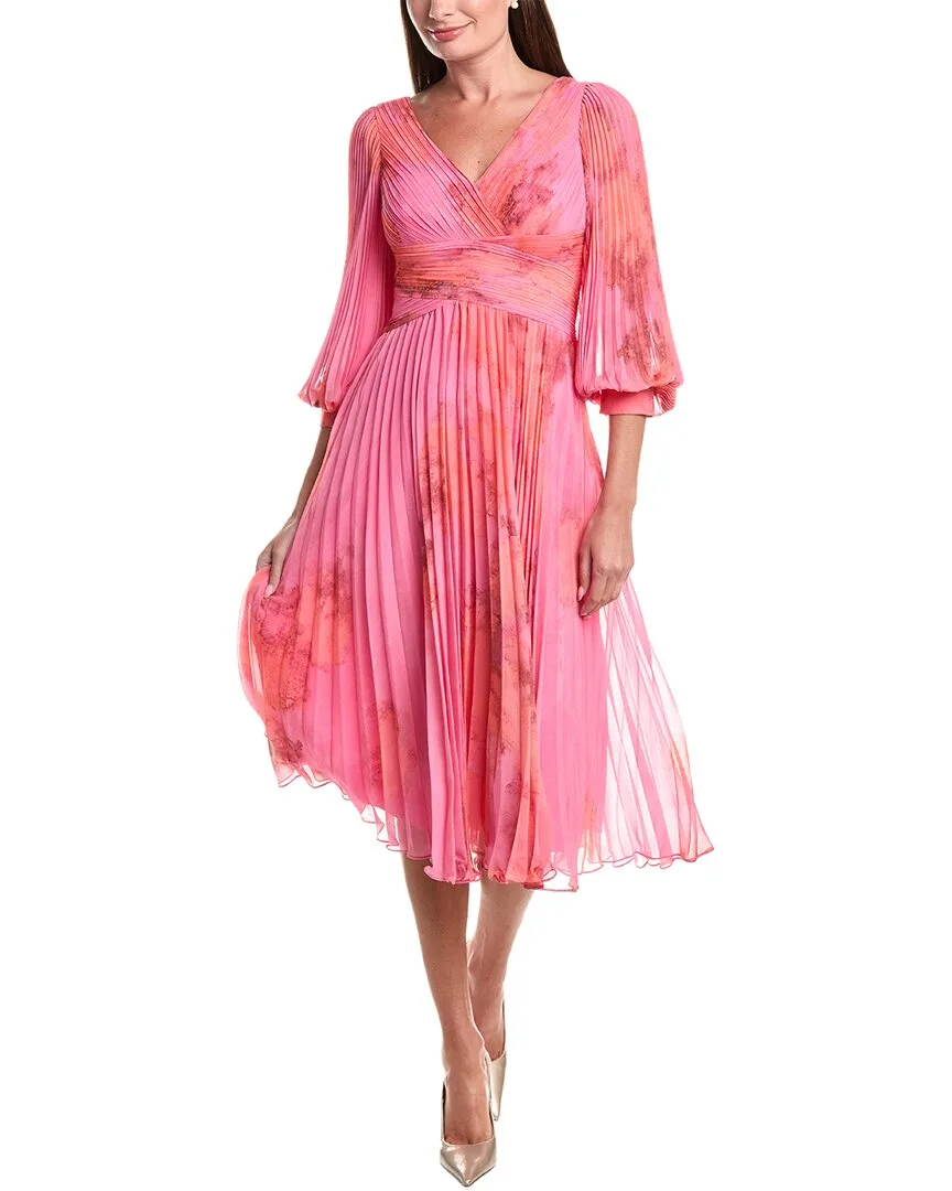 Teri Jon by Rickie Freeman Printed Chiffon Pleated Full Sleeve V-Neck Dress by Teri Jon