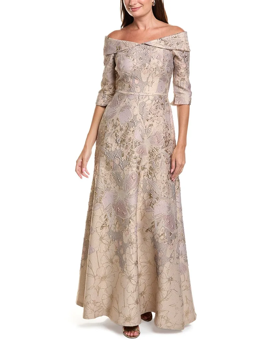 Teri Jon by Rickie Freeman Jacquard Floral Off-Shoulder 3/4-Sleeve Gown by Teri Jon