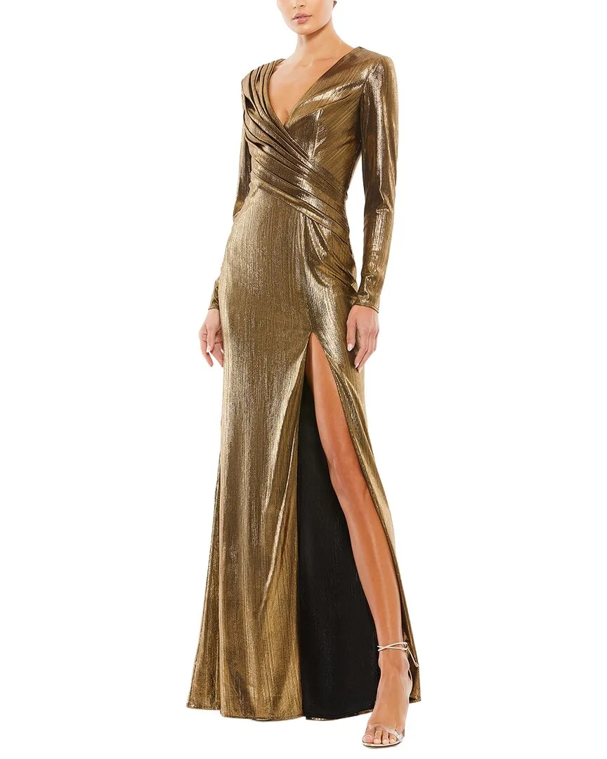 Mac Duggal Metallic Long Sleeve Asymmetrical Ruche Gown