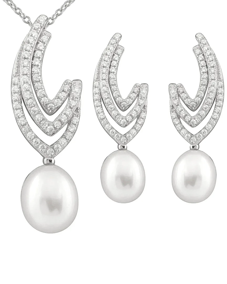 Rhodium Plated 7.5-8Mm Pearl & Cz Necklace & Earrings Set by Splendid