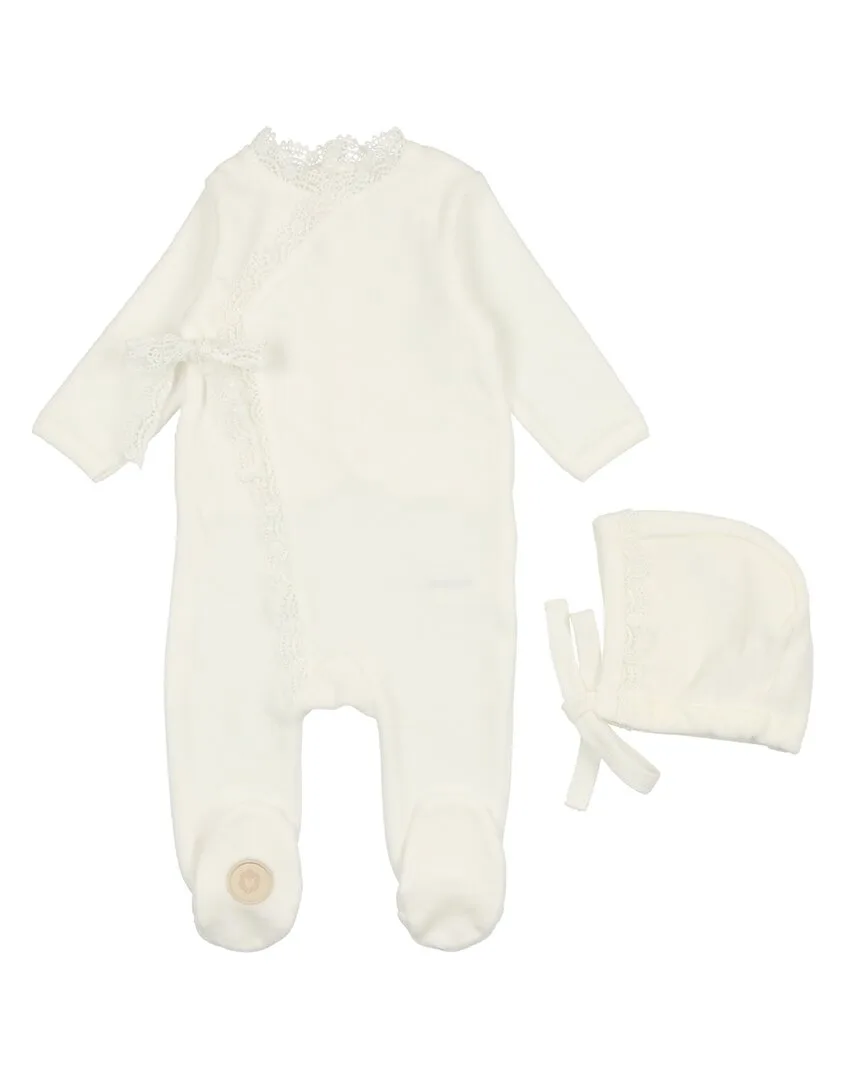 Tied Up in Lace Footie & Hat Set by Mon Tresor
