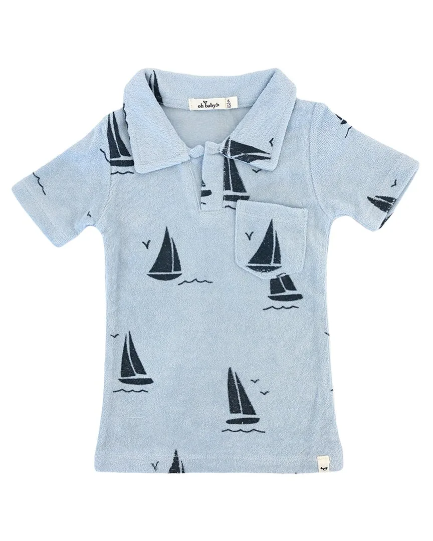 Sailboat Print Terry Polo Shirt by Oh Baby