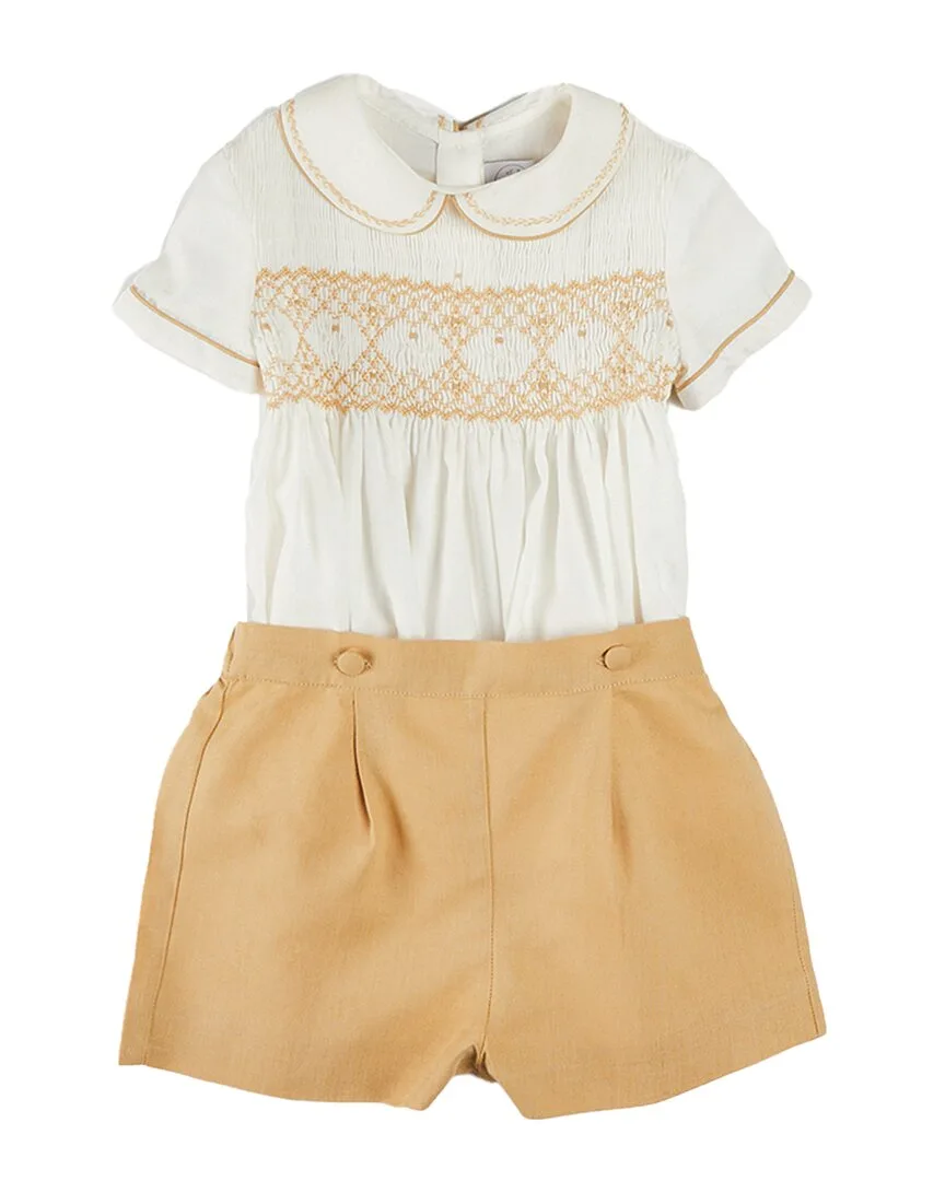 Hand-Smocked Peter Pan Collar Linen-Blend Shirt by Pepa London