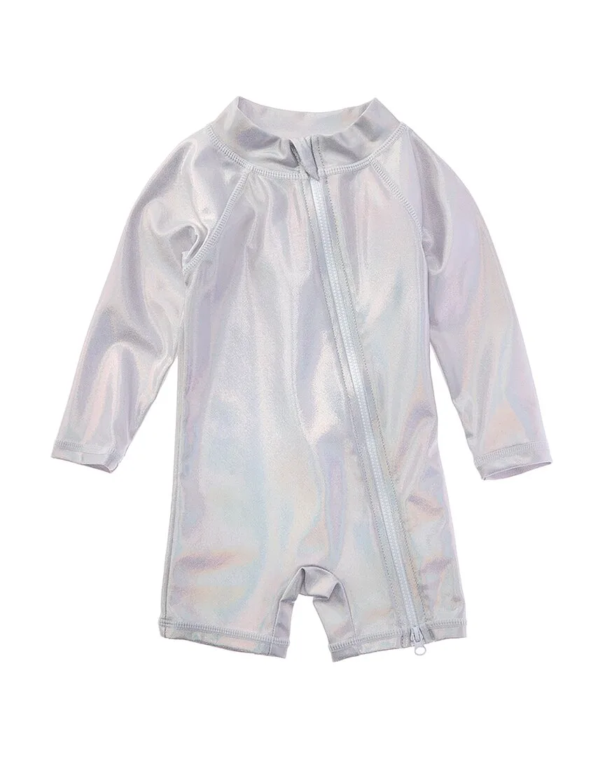 Shimmering Silver Rash Guard Romper by Flap Happy