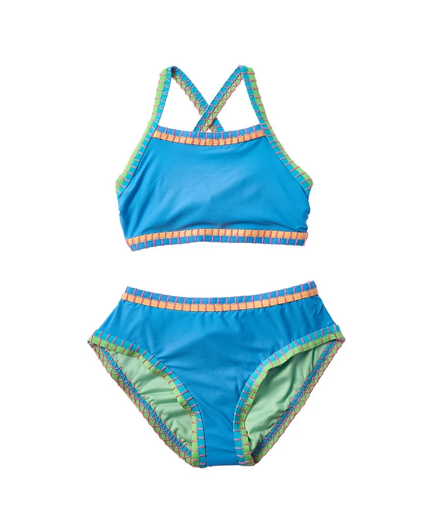 2Pc Rem Cup Whipstitch Binding Crisscross Back Bra & High Waist Bottom Set by Beach Lingo