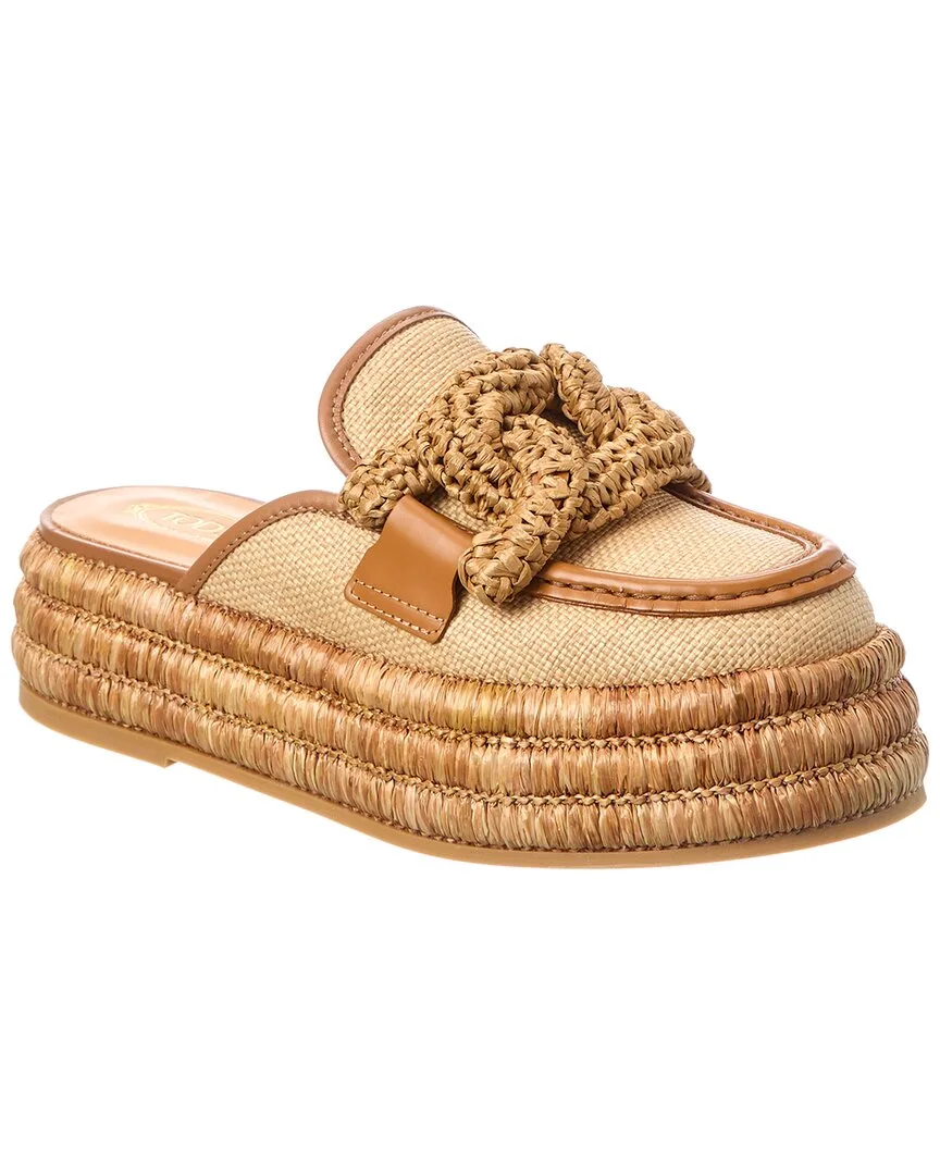Chain Link Detail Raffia & Leather Platform Mule
