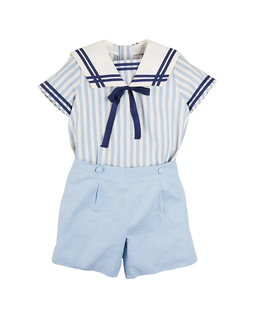 2Pc Striped Mariner Collar Linen Top & Trouser Set by Pepa London