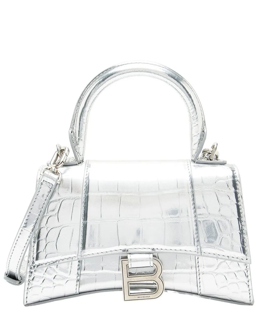 Silver Croc Embossed Calfskin, Metallic Calfskin Hourglass Xs Top Handle (authentic Pre-Loved) by Balenciaga