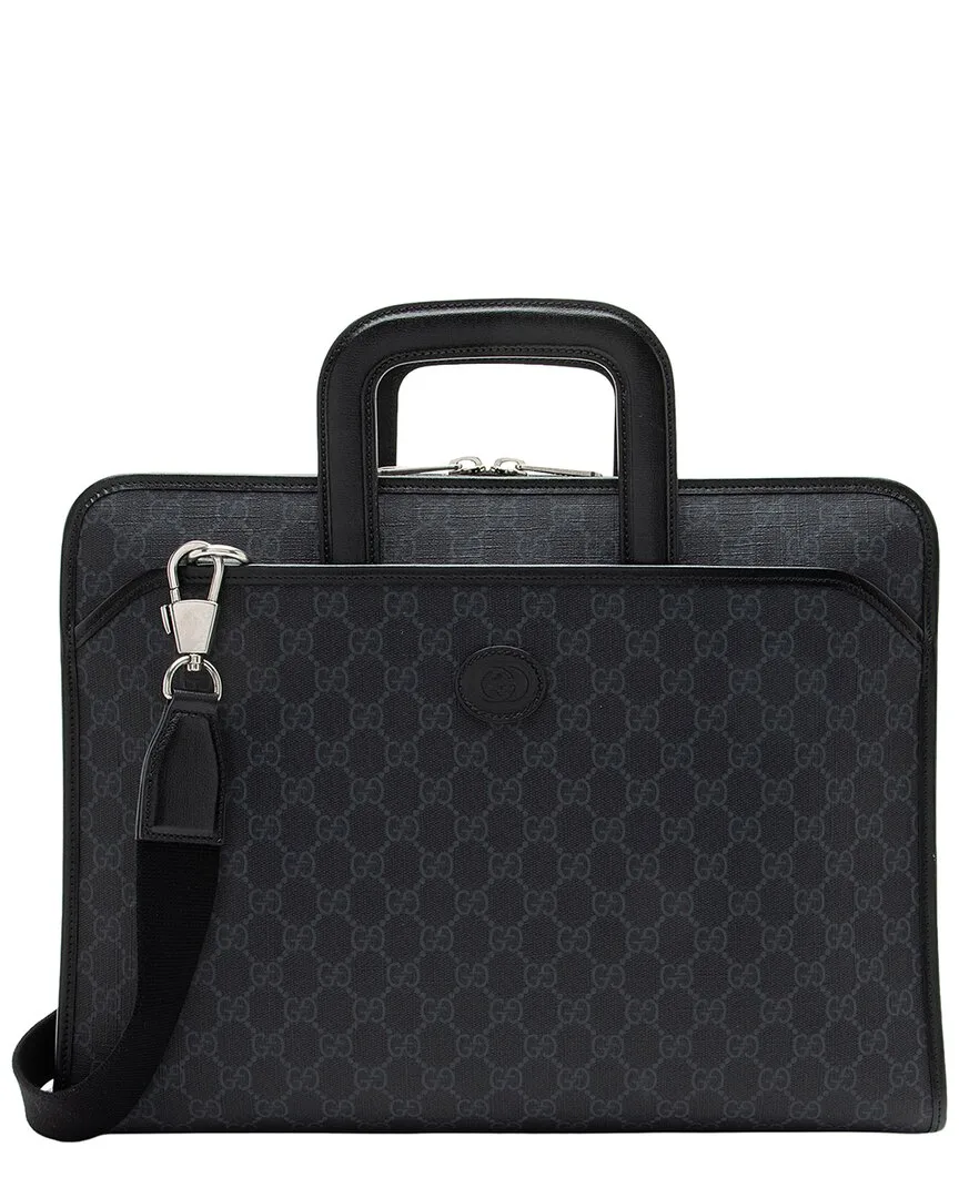 Black, Grey Gg Supreme Coated Canvas, Leather, Nylon Interlocking G Briefcase (authentic Pre-Loved) by Gucci