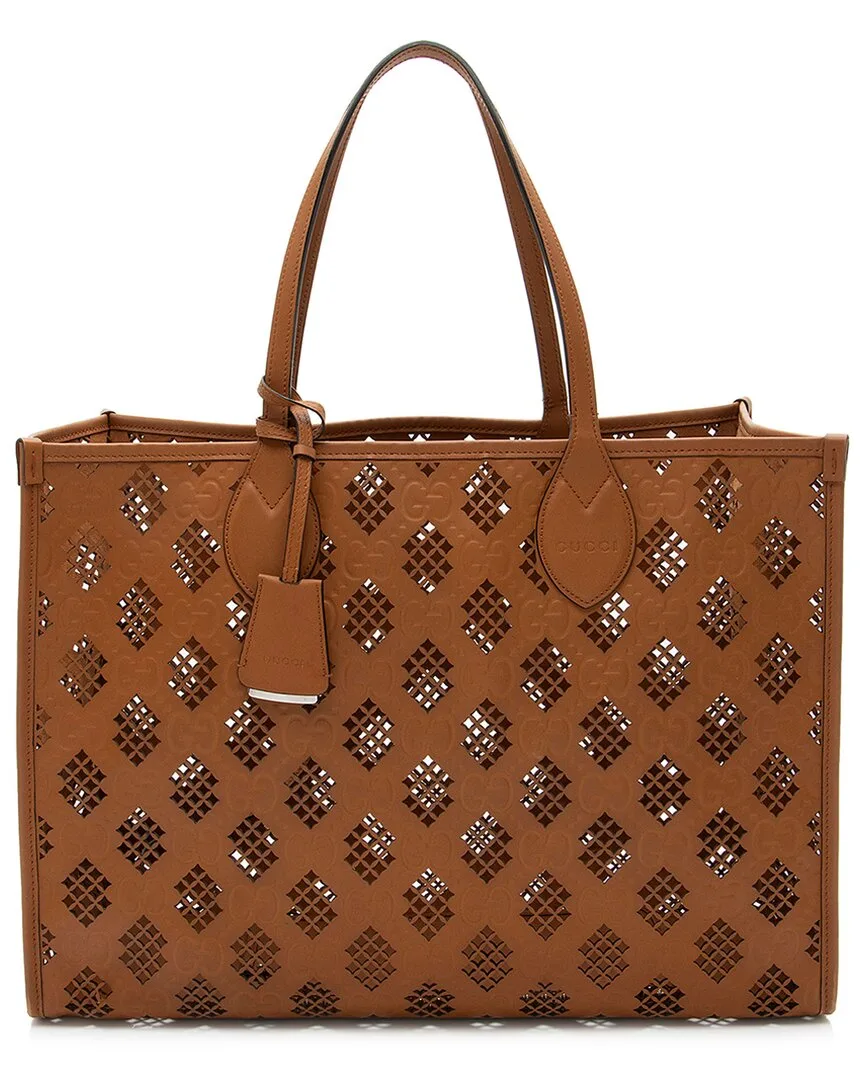 Brown Calfskin Diamond Cutout Medium Tote (authentic Pre-Loved) by Gucci