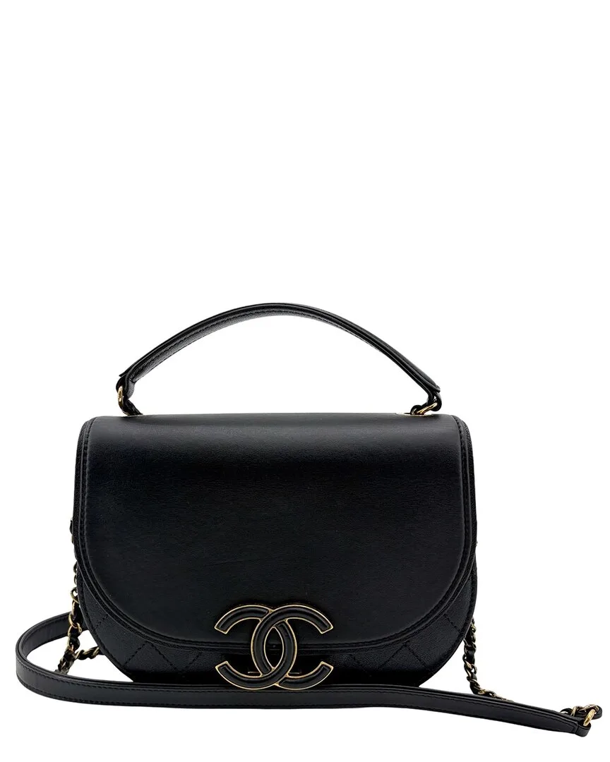 Black Lambskin Round Flap Top Handle Bag (authentic Pre-Loved) by CHANEL