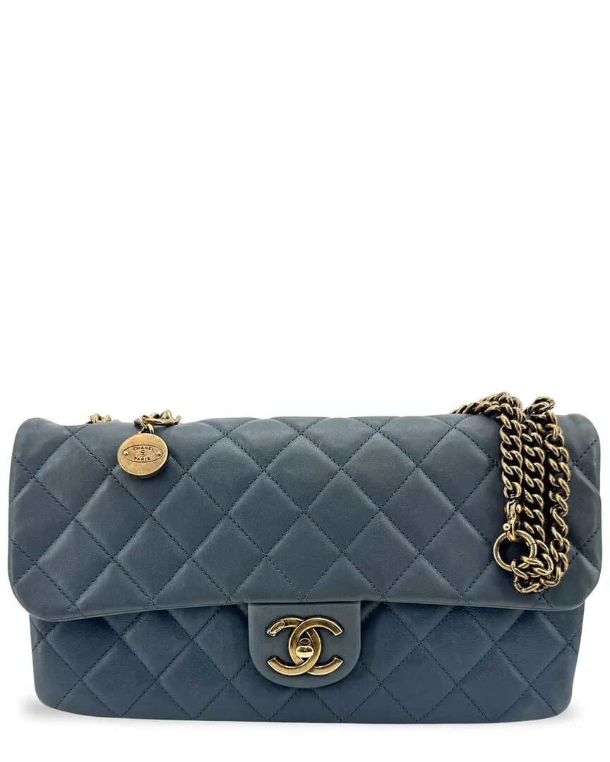 Blue Calfskin Cc Crown Flap Shoulder Bag (authentic Pre-Loved) by CHANEL