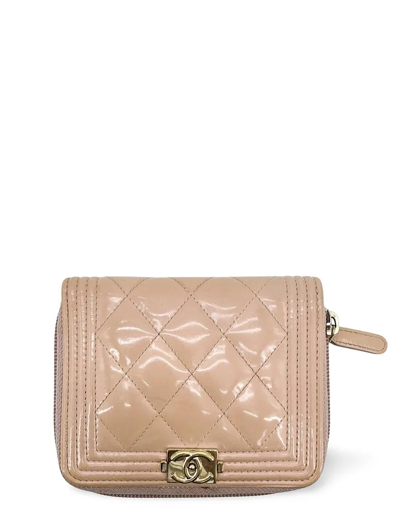 Beige Patent Leather Boy Zipper Wallet (authentic Pre-Loved) by CHANEL