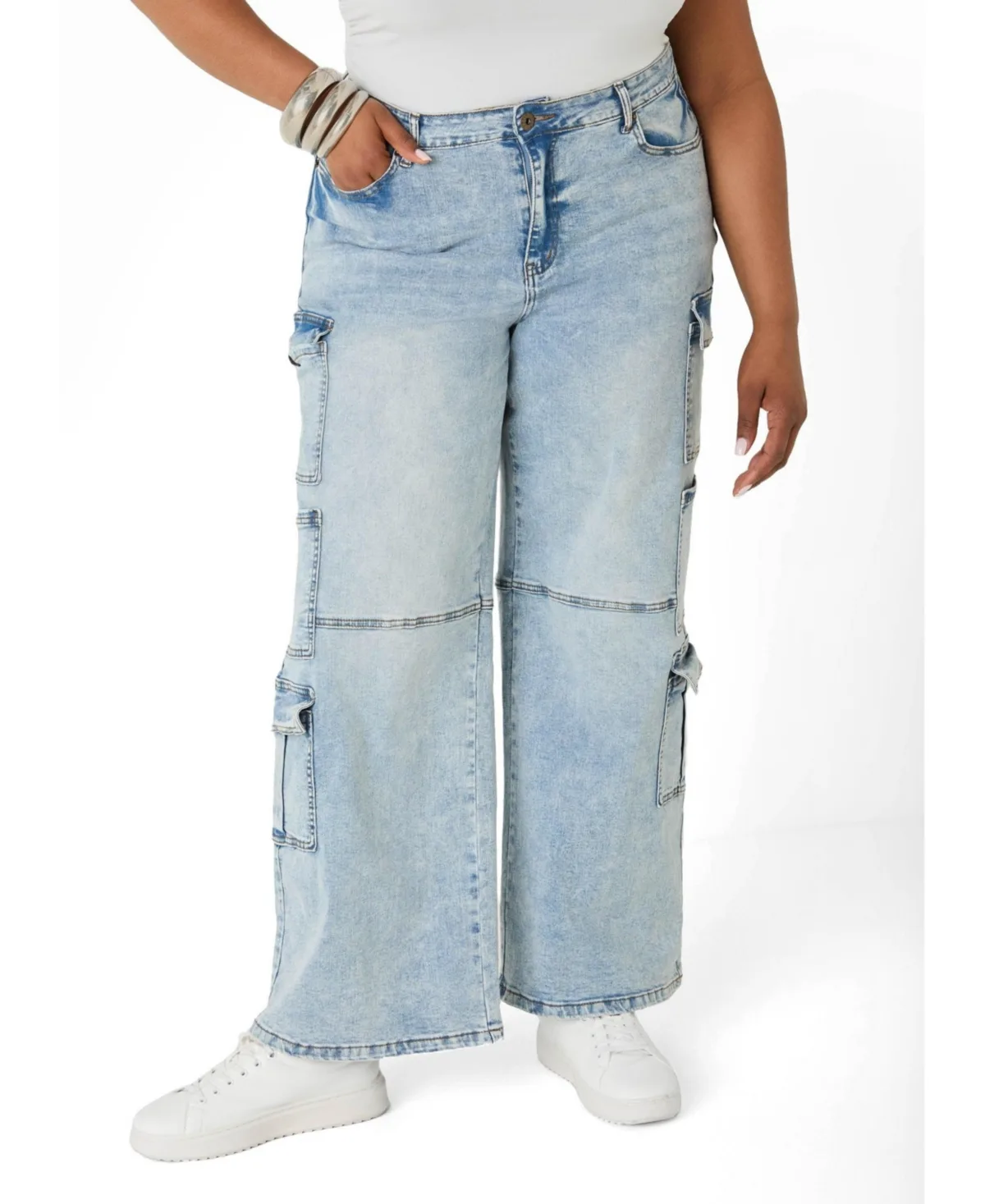Cargo Acid Wash High-Waisted Jeans by Ashley Stewart
