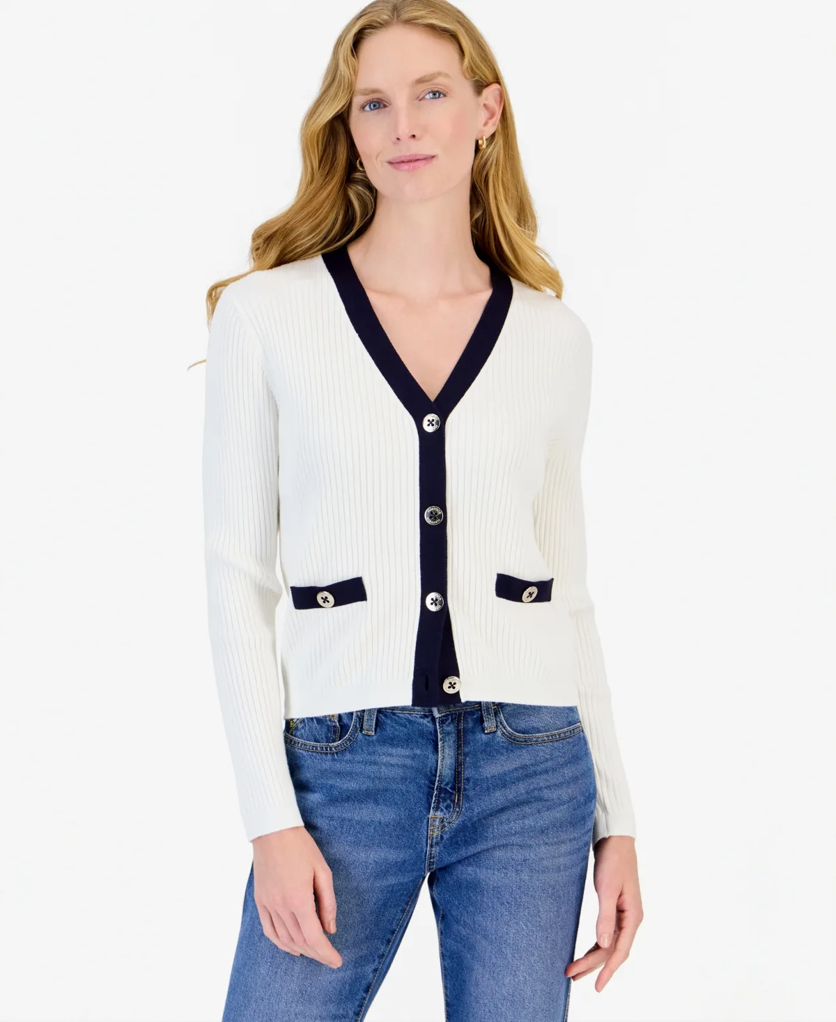 Ribbed Tipped V-Neck Cardigan by Nautica