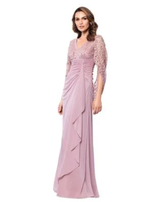 Draped Lace Chiffon Gown by B&a by Betsy and Adam