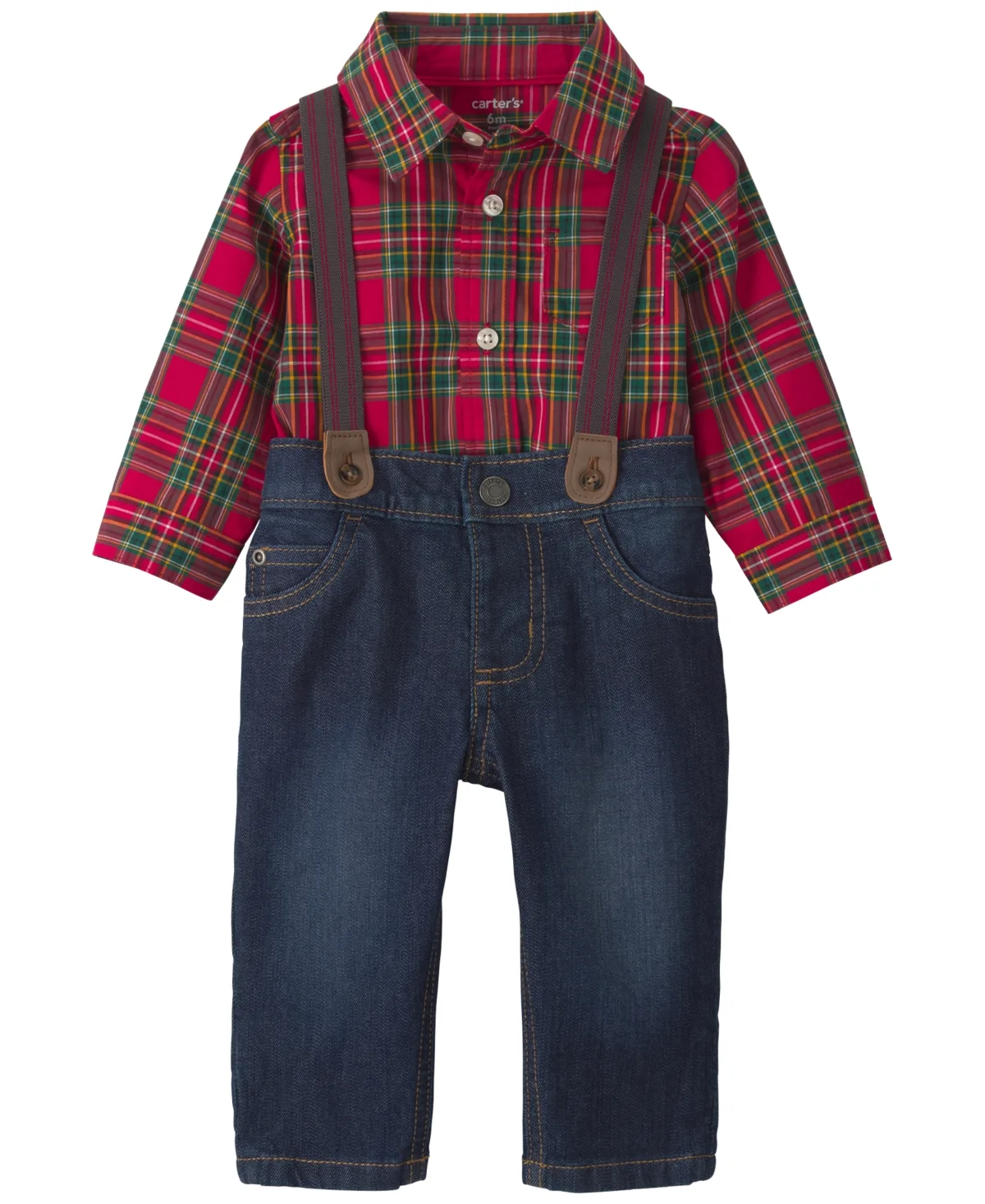 Plaid Long-Sleeve Bodysuit and Suspender Denim Pants, 2-Piece Set by Carter's