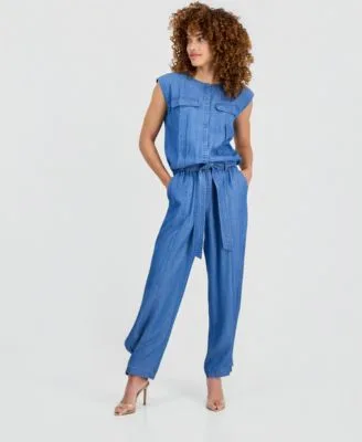 Chambray Drop Shoulder Top High Rise Belted Tapered Pants by INC International Concepts