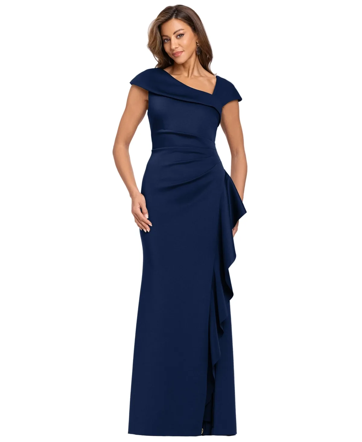 Asymmetrical Neck Scuba Ruffle Sheath Gown by Xscape
