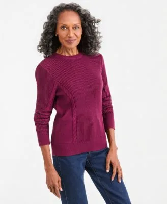 Mixed Rib Cable Knit Cotton Crewneck Pullover by Style & Co