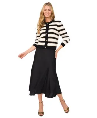 Striped Cardigan Sweater Satin Midi Skirt by CeCe