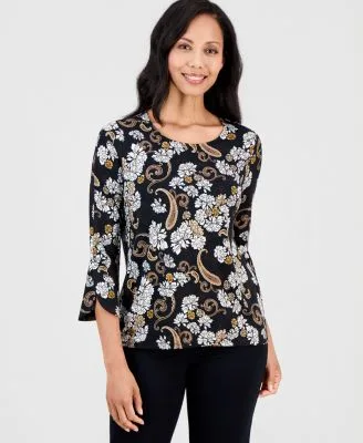 Floral Print 3/4 Sleeve Tulip Top