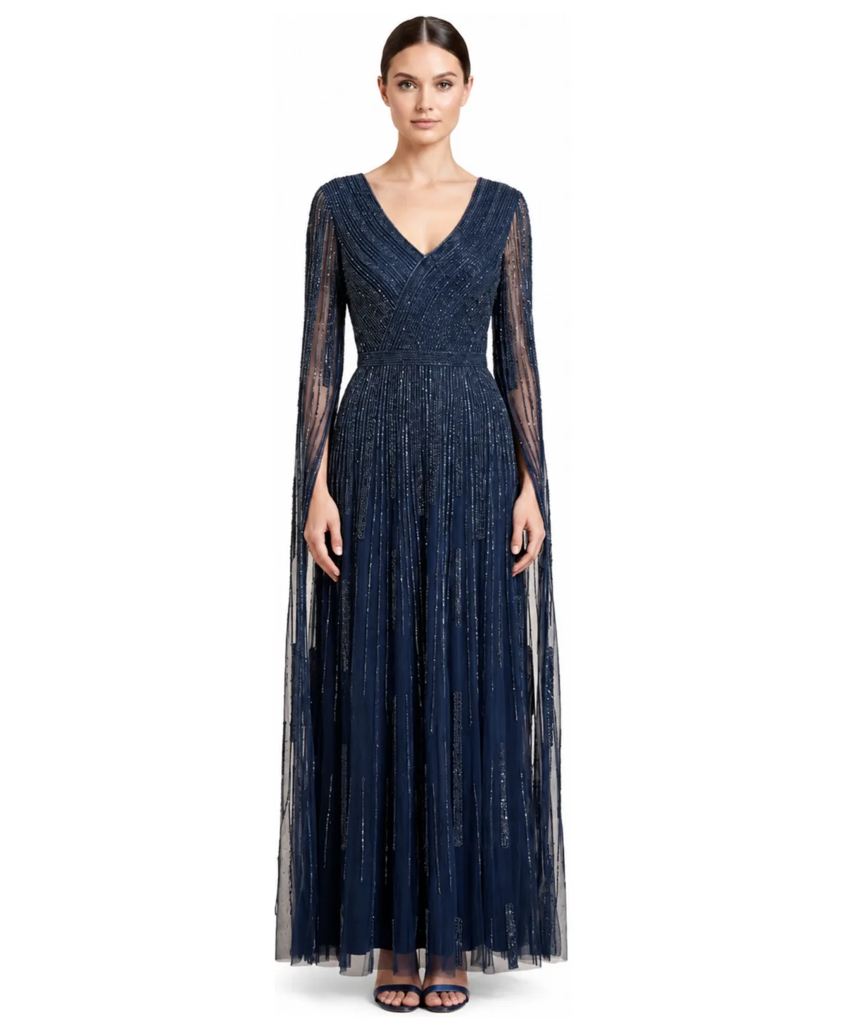 V-Neck Beaded Long Cape-Sleeve Dress by Lara